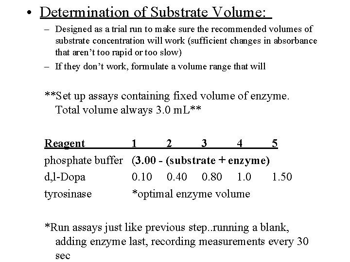  • Determination of Substrate Volume: – Designed as a trial run to make