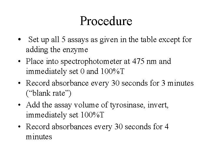 Procedure • Set up all 5 assays as given in the table except for