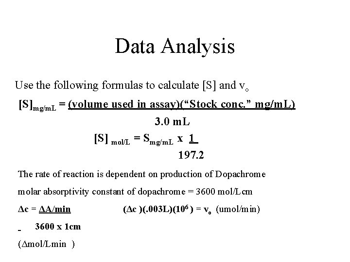 Data Analysis Use the following formulas to calculate [S] and vo [S]mg/m. L =