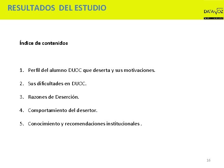 RESULTADOS DEL ESTUDIO Índice de contenidos 1. Perfil del alumno DUOC que deserta y