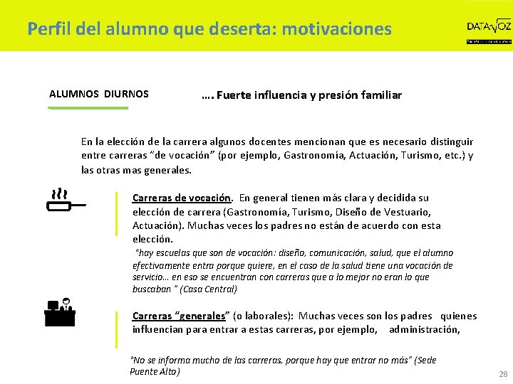 Perfil del alumno que deserta: motivaciones ALUMNOS DIURNOS …. Fuerte influencia y presión familiar