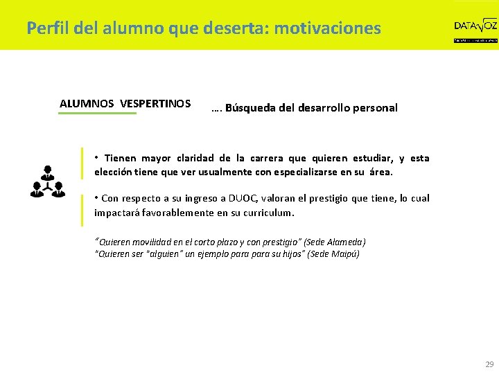 Perfil del alumno que deserta: motivaciones ALUMNOS VESPERTINOS …. Búsqueda del desarrollo personal •