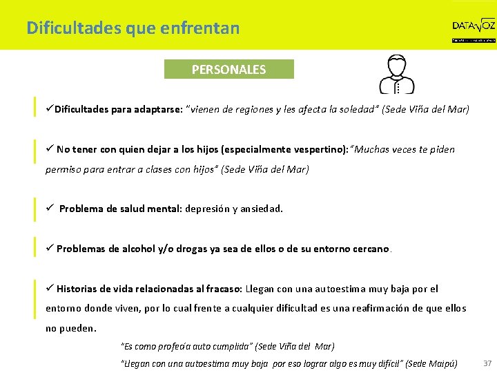 Dificultades que enfrentan PERSONALES üDificultades para adaptarse: “vienen de regiones y les afecta la