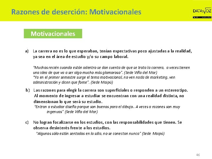 Razones de deserción: Motivacionales a) La carrera no es lo que esperaban, tenían expectativas