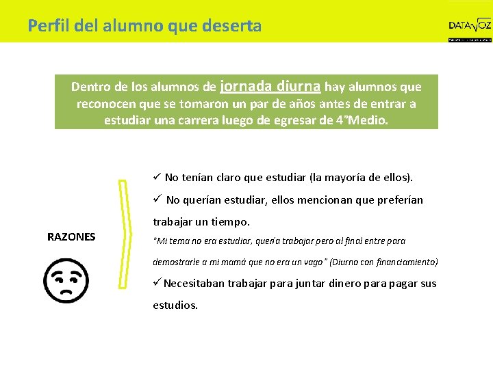 Perfil del alumno que deserta Dentro de los alumnos de jornada diurna hay alumnos
