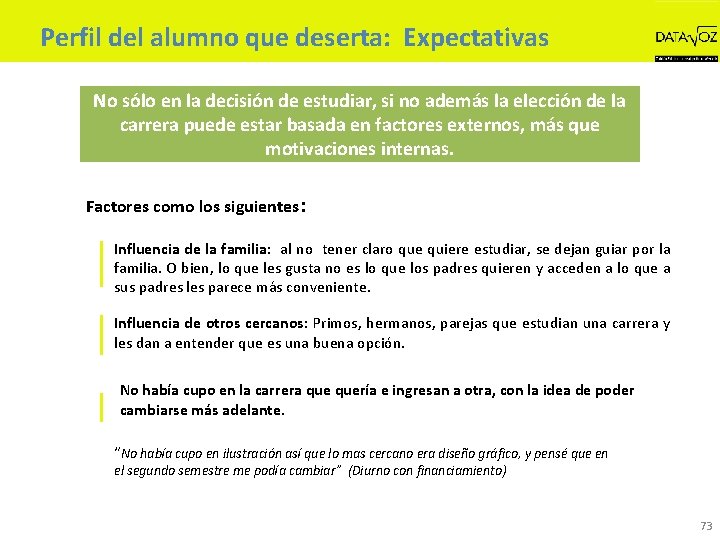 Perfil del alumno que deserta: Expectativas No sólo en la decisión de estudiar, si