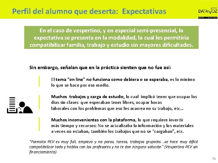 Perfil del alumno que deserta: Expectativas En el caso de vespertino, y en especial