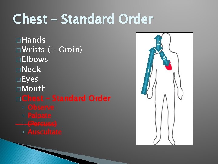 Chest – Standard Order � Hands (+ Groin) � Elbows � Neck � Eyes Chest – Standard Order � Hands (+ Groin) � Elbows � Neck � Eyes