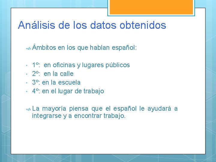 Análisis de los datos obtenidos Ámbitos en los que hablan español: • • 1º: