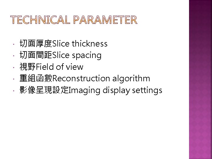  切面厚度Slice thickness 切面間距Slice spacing 視野Field of view 重組函數Reconstruction algorithm 影像呈現設定Imaging display settings 