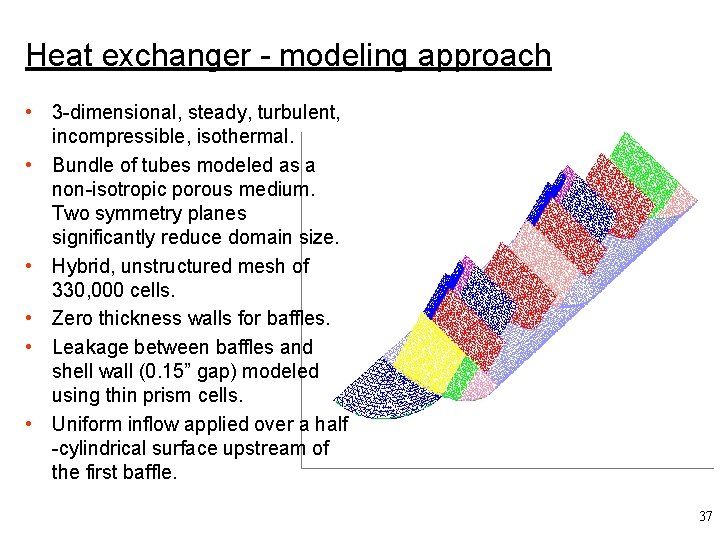 Heat exchanger - modeling approach • 3 -dimensional, steady, turbulent, incompressible, isothermal. • Bundle