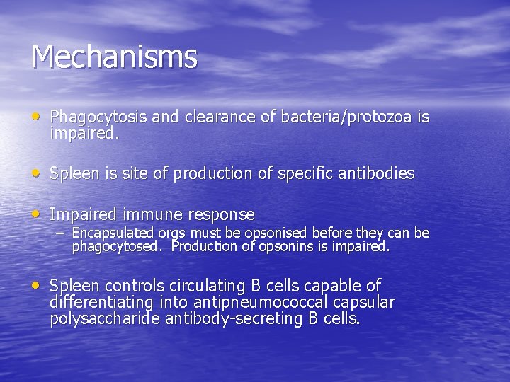 Mechanisms • Phagocytosis and clearance of bacteria/protozoa is impaired. • Spleen is site of