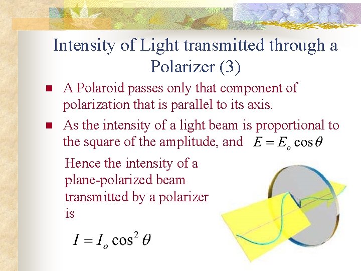 Intensity of Light transmitted through a Polarizer (3) n n A Polaroid passes only