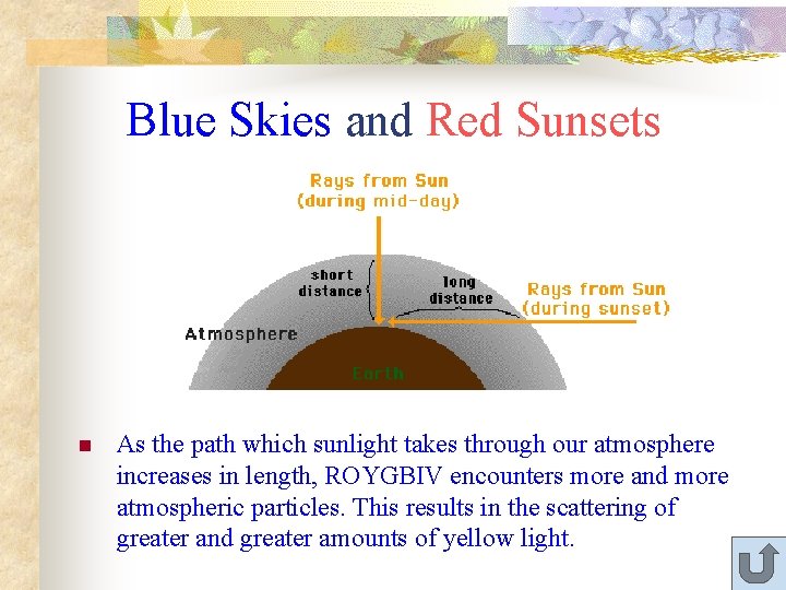 Blue Skies and Red Sunsets n As the path which sunlight takes through our