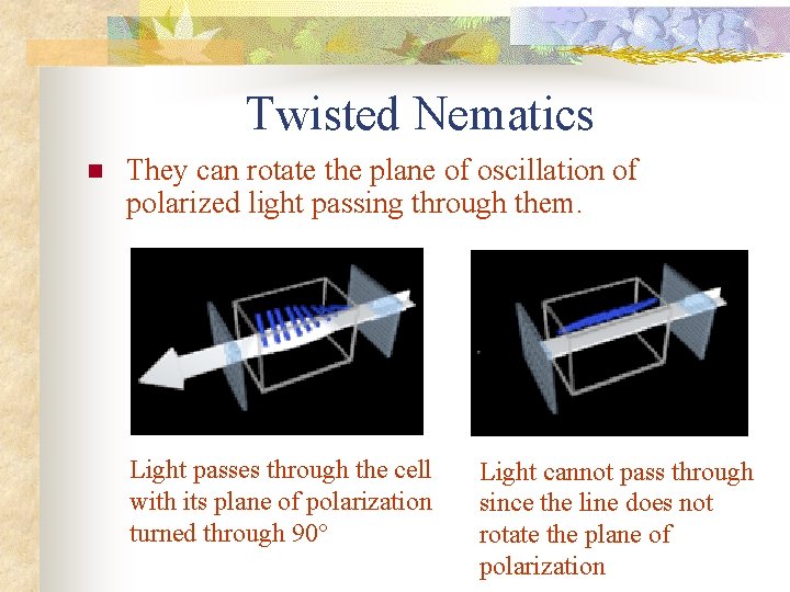 Twisted Nematics n They can rotate the plane of oscillation of polarized light passing