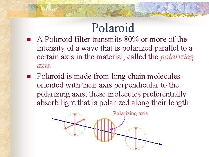 Polaroid n n A Polaroid filter transmits 80% or more of the intensity of