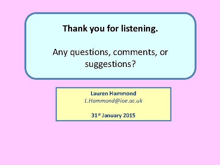 Thank you for listening. Any questions, comments, or suggestions? Lauren Hammond L. Hammond@ioe. ac.