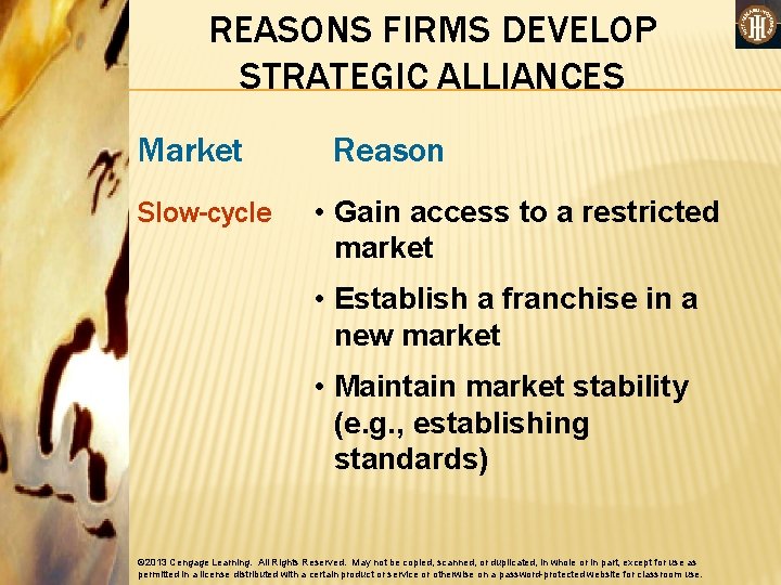 REASONS FIRMS DEVELOP STRATEGIC ALLIANCES Market Slow-cycle Reason • Gain access to a restricted