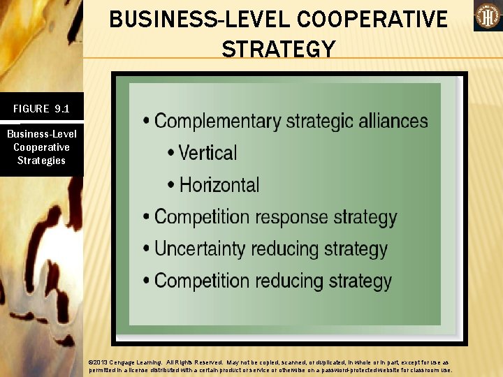 BUSINESS-LEVEL COOPERATIVE STRATEGY FIGURE 9. 1 Business-Level Cooperative Strategies © 2013 Cengage Learning. All