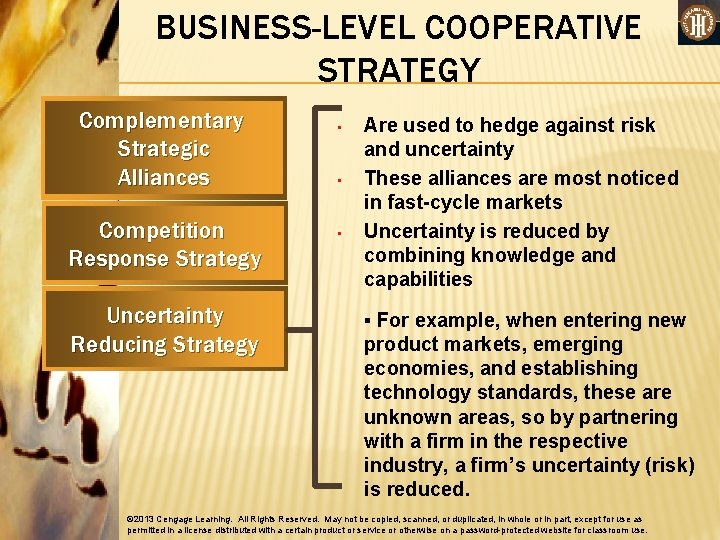 BUSINESS-LEVEL COOPERATIVE STRATEGY Complementary Strategic Alliances Competition Response Strategy Uncertainty Reducing Strategy • •