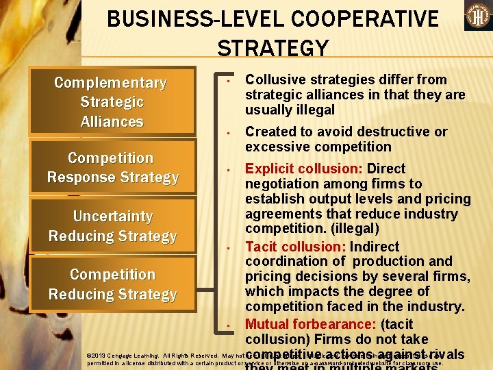 BUSINESS-LEVEL COOPERATIVE STRATEGY Complementary Strategic Alliances Competition Response Strategy • Collusive strategies differ from