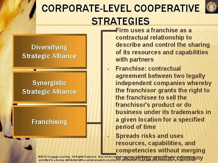 CORPORATE-LEVEL COOPERATIVE STRATEGIES Firm uses a franchise as a contractual relationship to describe and