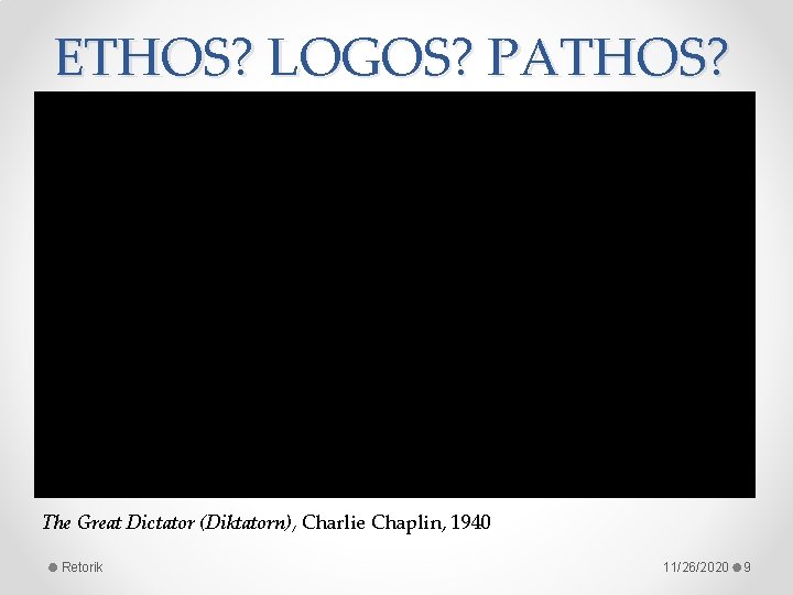 ETHOS? LOGOS? PATHOS? The Great Dictator (Diktatorn), Charlie Chaplin, 1940 Retorik 11/26/2020 9 