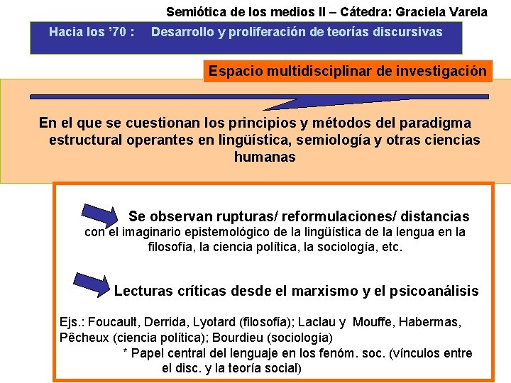 Semiótica de los medios II – Cátedra: Graciela Varela Hacia los ’ 70 :