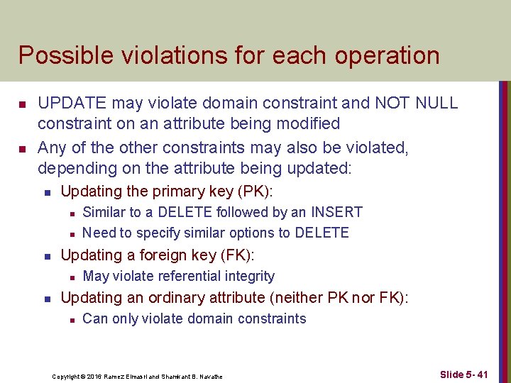 Possible violations for each operation n n UPDATE may violate domain constraint and NOT