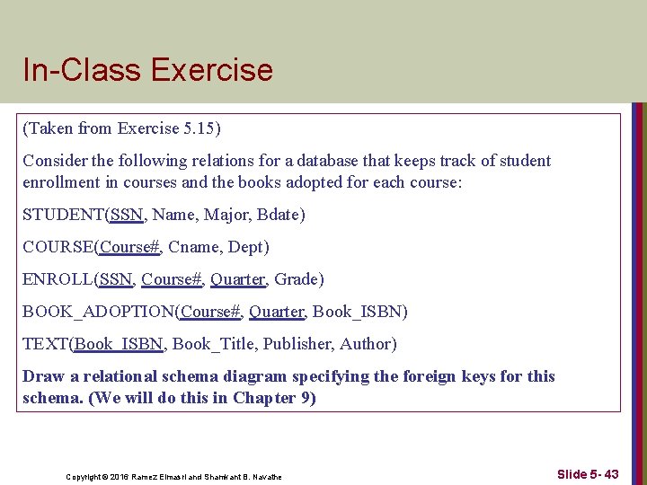 In-Class Exercise (Taken from Exercise 5. 15) Consider the following relations for a database