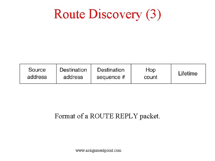 Route Discovery (3) Format of a ROUTE REPLY packet. www. assignmentpoint. com 