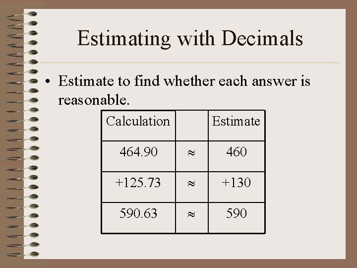 Estimating with Decimals • Estimate to find whether each answer is reasonable. Calculation Estimate