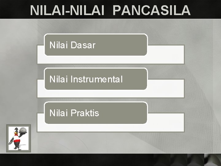 NILAI-NILAI PANCASILA Nilai Dasar Nilai Instrumental Nilai Praktis 