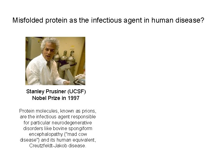 Misfolded protein as the infectious agent in human disease? Stanley Prusiner (UCSF) Nobel Prize