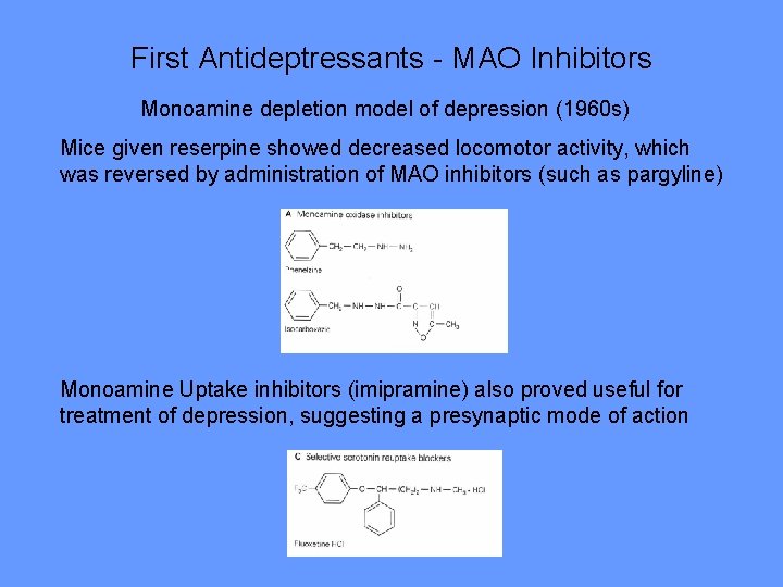 First Antideptressants - MAO Inhibitors Monoamine depletion model of depression (1960 s) Mice given