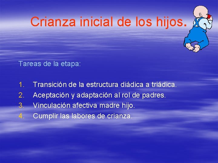 Crianza inicial de los hijos. Tareas de la etapa: 1. 2. 3. 4. Transición