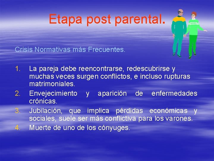 Etapa post parental. Crisis Normativas más Frecuentes. 1. 2. 3. 4. La pareja debe