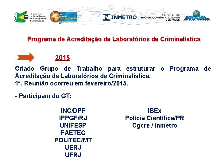 Programa de Acreditação de Laboratórios de Criminalística 2015 Criado Grupo de Trabalho para estruturar