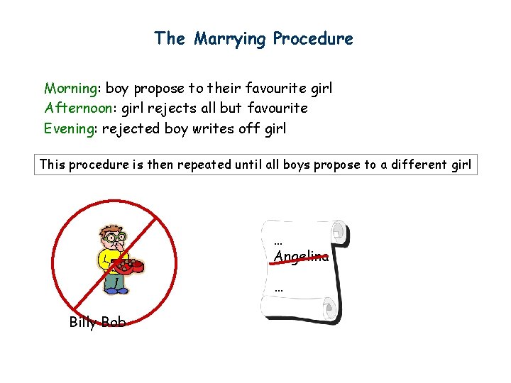 The Marrying Procedure Morning: boy propose to their favourite girl Afternoon: girl rejects all