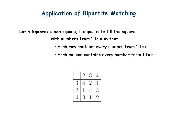 Application of Bipartite Matching Latin Square: a nxn square, the goal is to fill