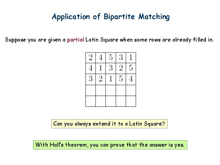 Application of Bipartite Matching Suppose you are given a partial Latin Square when some