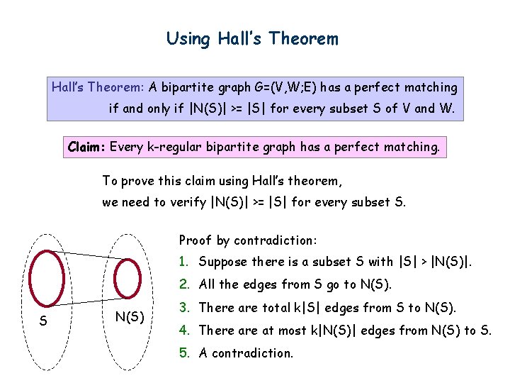 Using Hall’s Theorem: A bipartite graph G=(V, W; E) has a perfect matching if