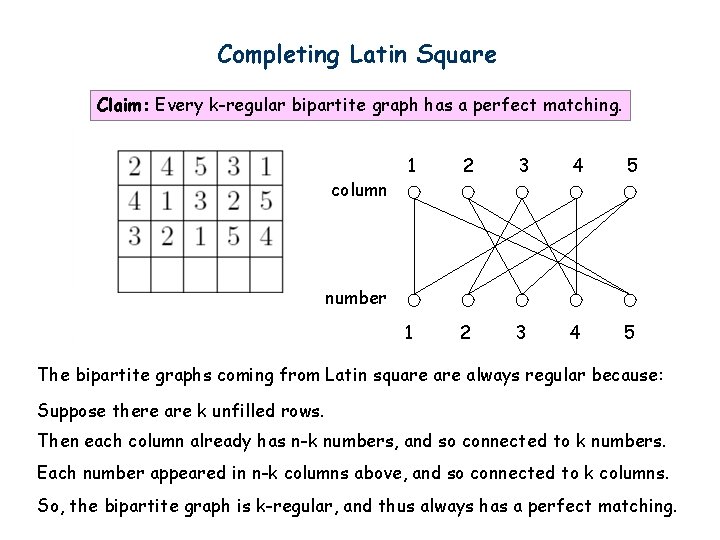 Completing Latin Square Claim: Every k-regular bipartite graph has a perfect matching. column 1