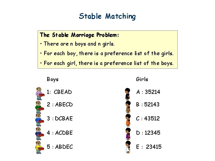 Stable Matching The Stable Marriage Problem: • There are n boys and n girls.