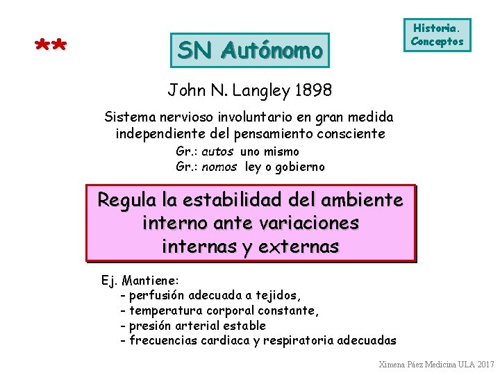 ** Historia. Conceptos SN Autónomo John N. Langley 1898 Sistema nervioso involuntario en gran