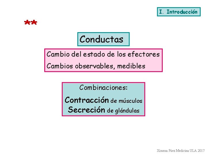 I. Introducción ** Conductas Cambio del estado de los efectores Cambios observables, medibles Combinaciones: