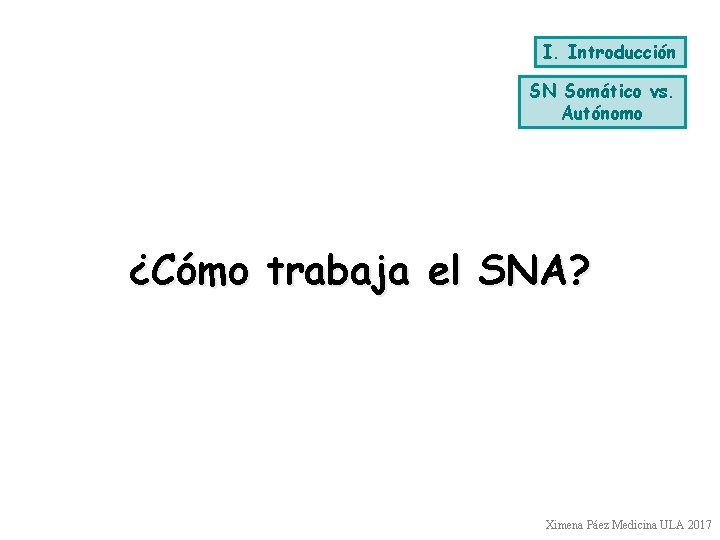 I. Introducción SN Somático vs. Autónomo ¿Cómo trabaja el SNA? Ximena Páez Medicina ULA