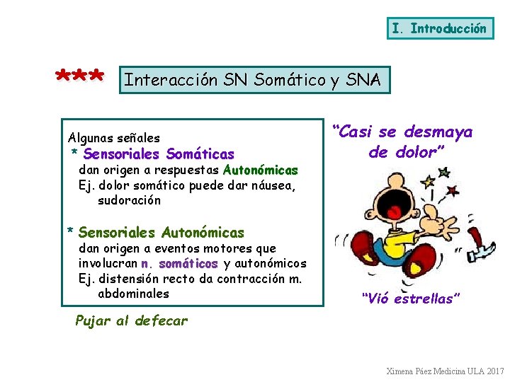 I. Introducción *** Interacción SN Somático y SNA Algunas señales * Sensoriales Somáticas dan