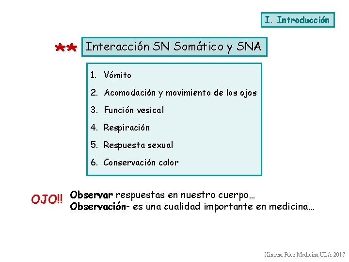 I. Introducción ** Interacción SN Somático y SNA 1. Vómito 2. Acomodación y movimiento