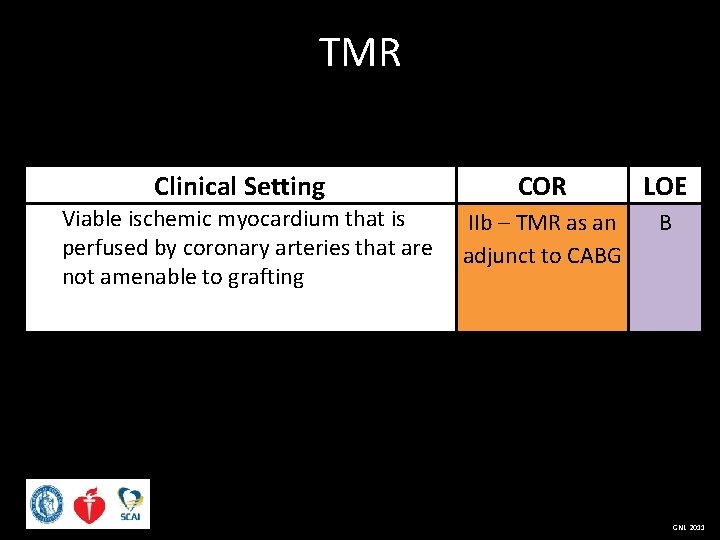 TMR Clinical Setting Viable ischemic myocardium that is perfused by coronary arteries that are